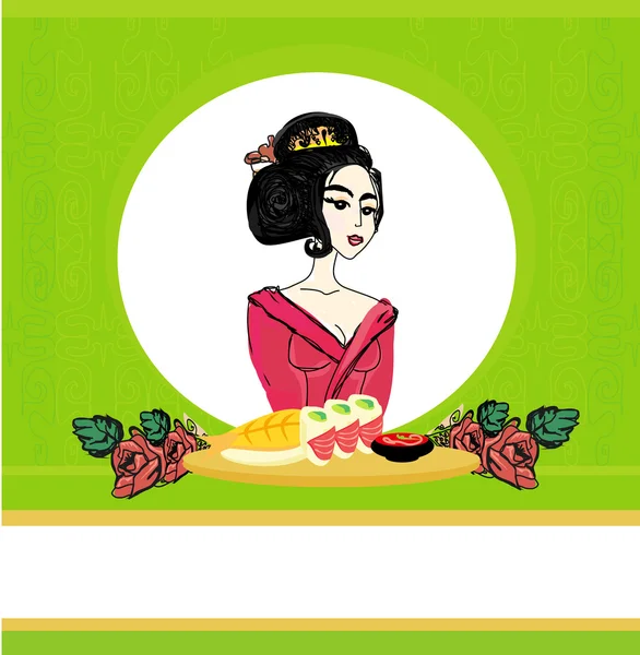Güzel Asyalı kız suşinin tadını çıkar - menü şablonu — Stok Vektör
