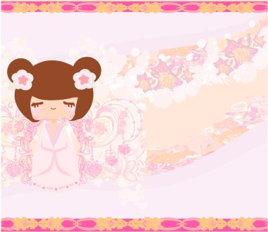 Pembe arka planda çiçekli Kokeshi bebeği.