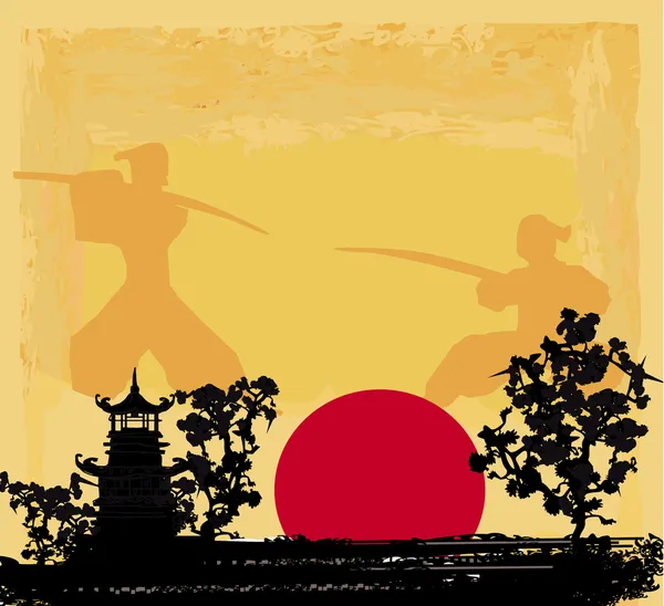 Viejo papel con silueta Samurai — Vector de stock