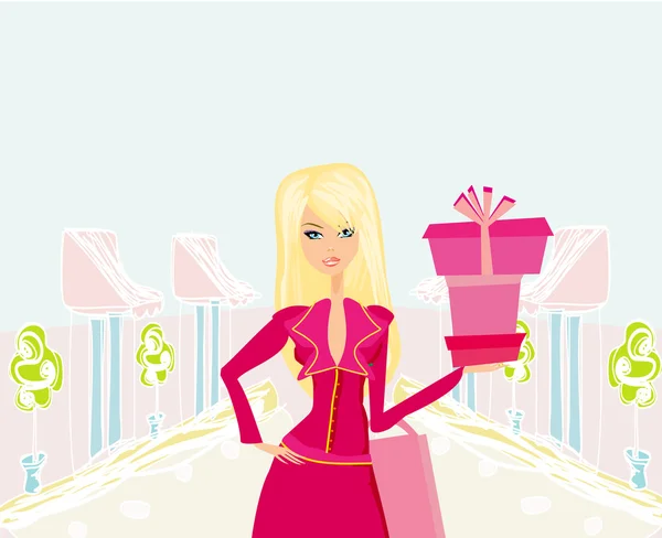 Fille shopping de mode avec des sacs à provisions et boîte cadeau — Image vectorielle