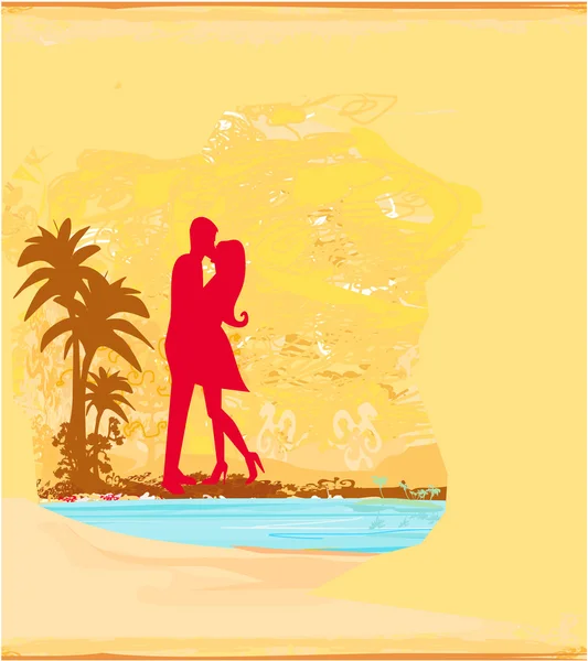 Силуэт пара поцелуи на тропическом пляже — стоковый вектор