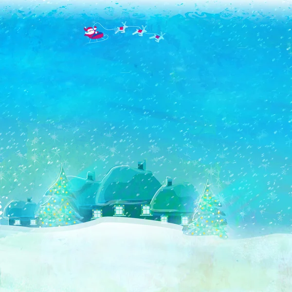 Felice anno nuovo carta con Babbo Natale e paesaggio invernale — Foto Stock