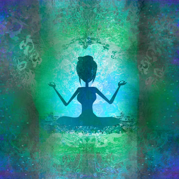 Yoga meisje in lotuspositie - abstracte achtergrond — Stockfoto