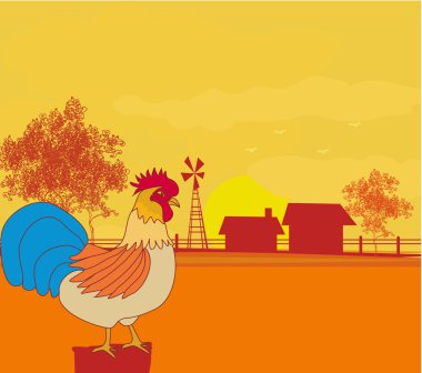 Çiftlik arka planında öten horozun çizimleri.