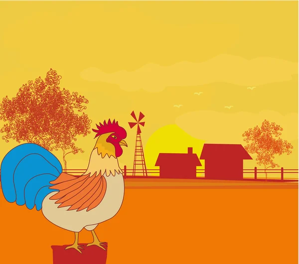 Illustrations of crowing rooster on farm backgrounds. — Stock Vector