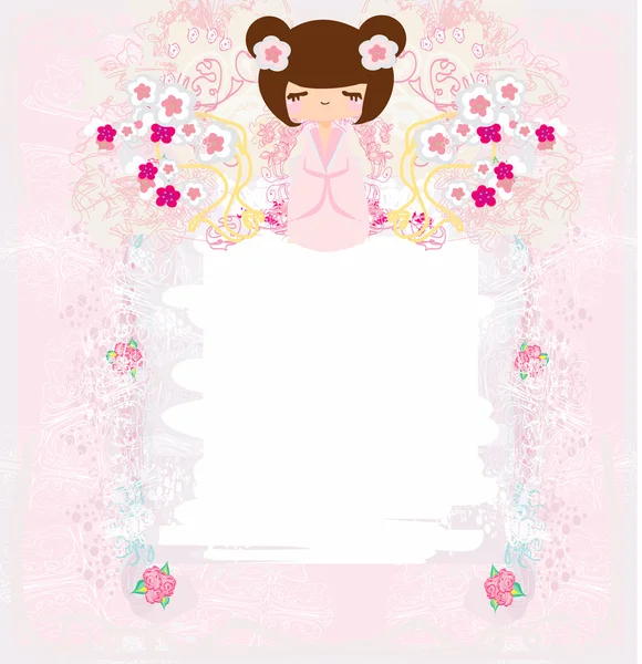 Muñeca Kokeshi sobre fondo rosa con adorno floral — Vector de stock