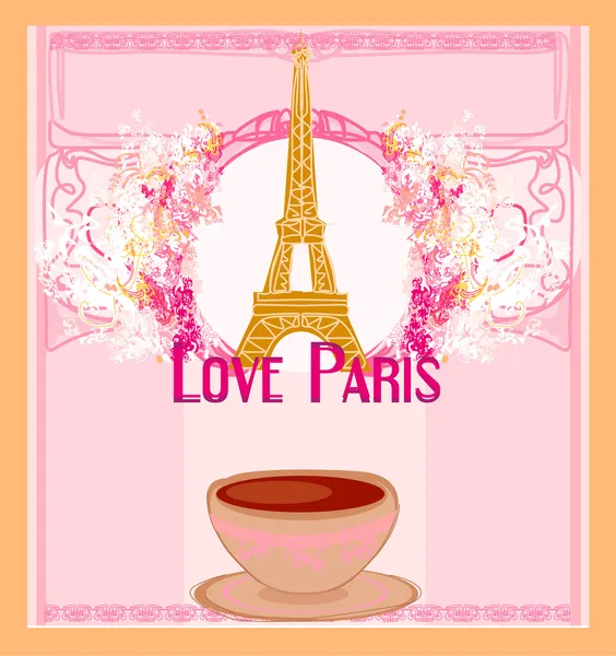 Αγαπά το Παρίσι με τον πύργο του Άιφελ και καφέ πάνω από ροζ φόντο. v — Διανυσματικό Αρχείο