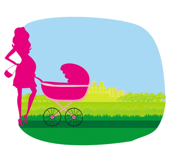 Gravid kvinna driver en barnvagn — Stock vektor
