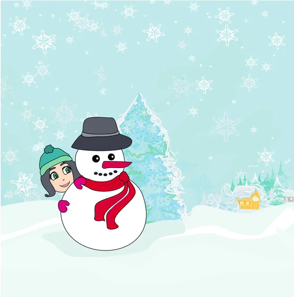 Petite fille et bonhomme de neige — Image vectorielle