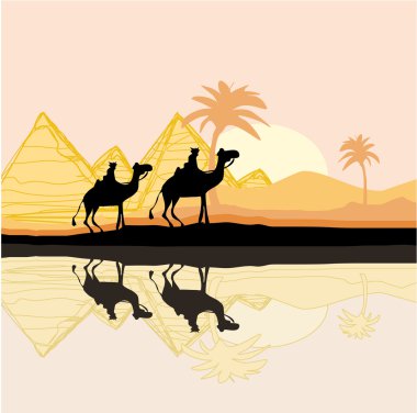 Bedouin camel caravan in wild africa landscape illustration clipart