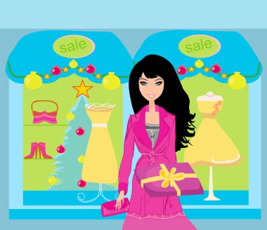 Alışveriş torbaları ve hediye kutusuyla moda alışverişi yapan kız.