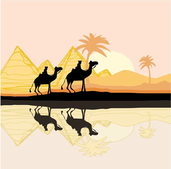 Caravana de camellos beduinos en África salvaje ilustración del paisaje — Vector de stock