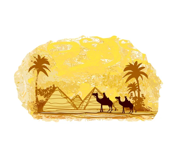 Caravana de camellos beduinos en África salvaje ilustración del paisaje — Archivo Imágenes Vectoriales