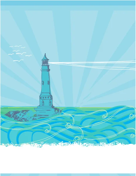 小さなビーチから見た灯台-青のポスター — ストックベクタ