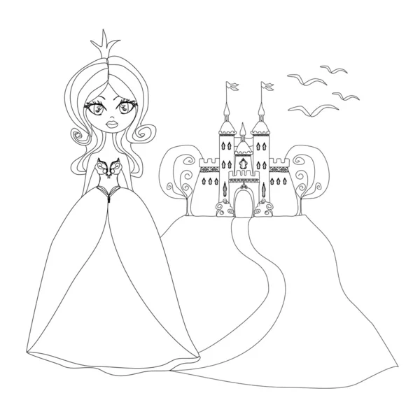 Bela jovem princesa na frente de seu castelo doodle illust — Vetor de Stock