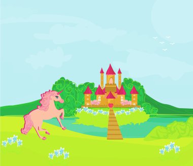Sihirli şatosu ve pembe tek boynuzlu atı olan peri masalı manzarası