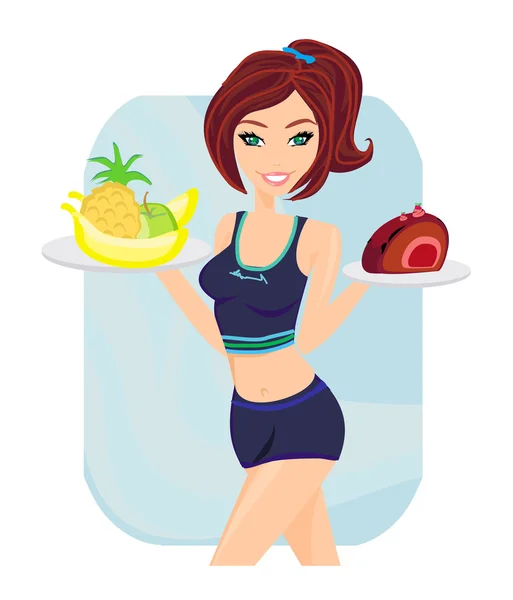 Mujer joven con frutas y pastel — Vector de stock