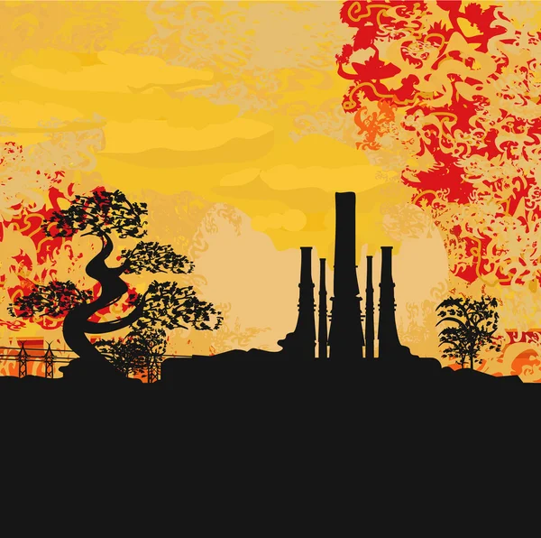 日落或日出时带树的吸烟工厂 — 图库矢量图片