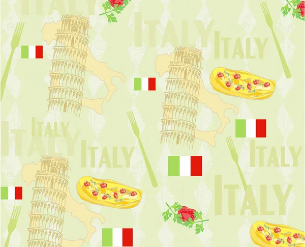 Italia viaje patrón sin fisuras con comida italiana nacional, lugares de interés — Vector de stock