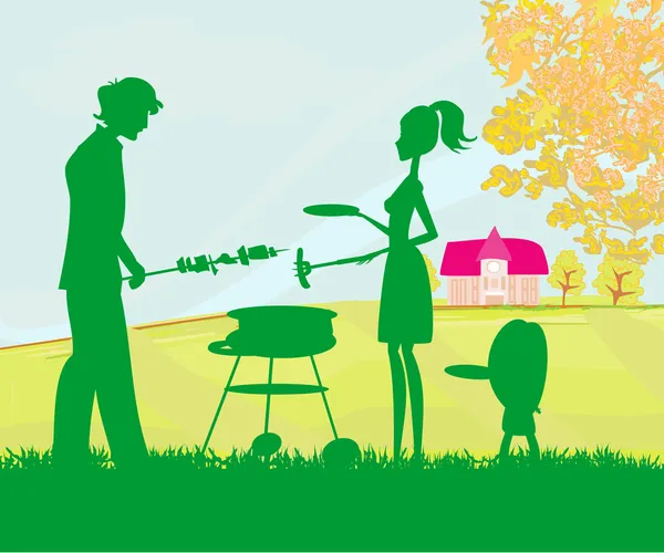 A vector illustration of a family having a picnic in a park — Stock Vector