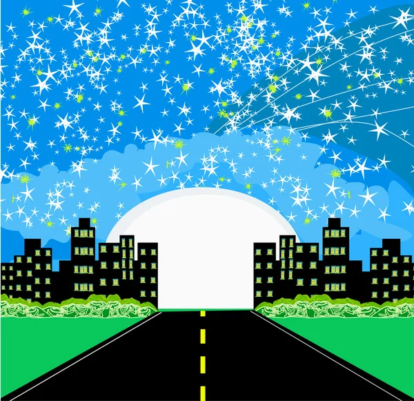 Autopista a la ciudad con luna grande — Vector de stock