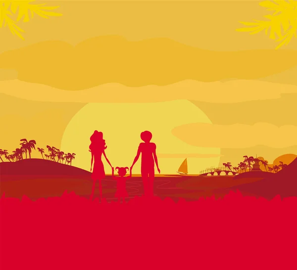 Family silhouette over tropical background — Stock Vector