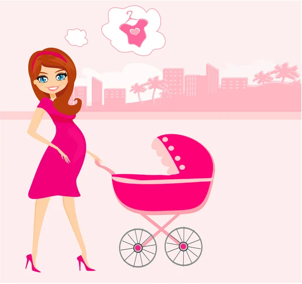Schöne schwangere Frau schiebt einen Kinderwagen — Stockvektor