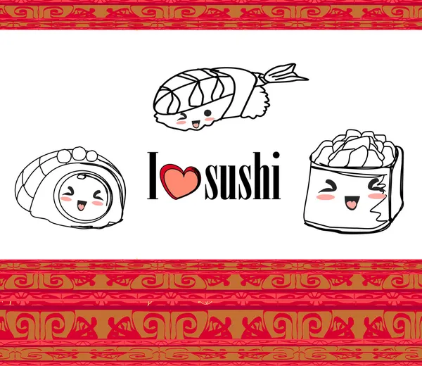可爱的寿司漫画插图-矢量卡片 — 图库矢量图片