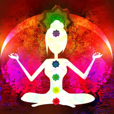 Yoga nilüfer pozu. Renkli çakra noktalı Padmasana.