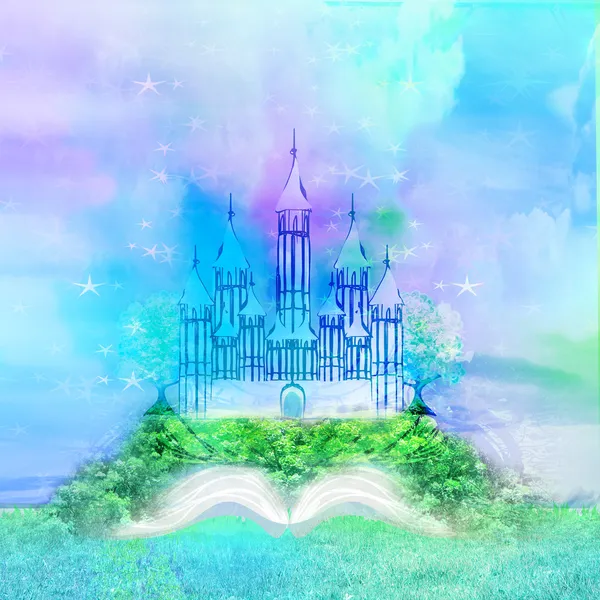 Волшебный мир сказок, волшебный замок, появившийся из книги — стоковое фото