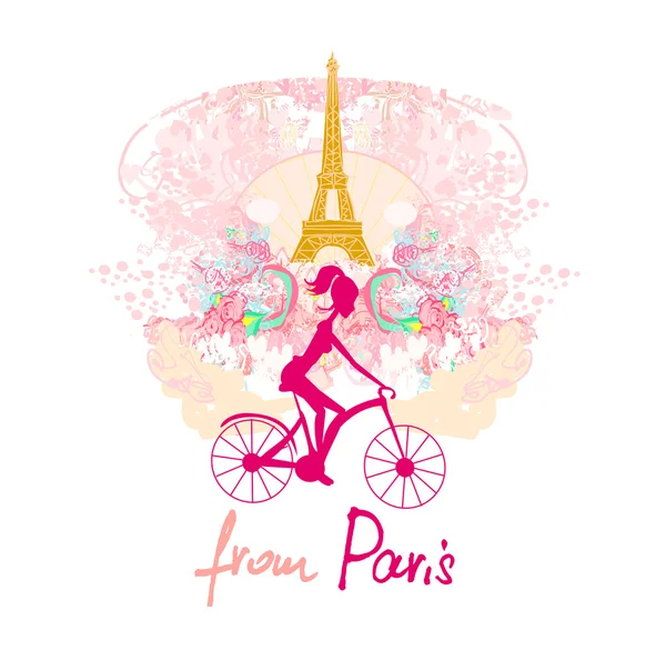Νεαρή κοπέλα με ποδήλατο στο Παρίσι — Διανυσματικό Αρχείο