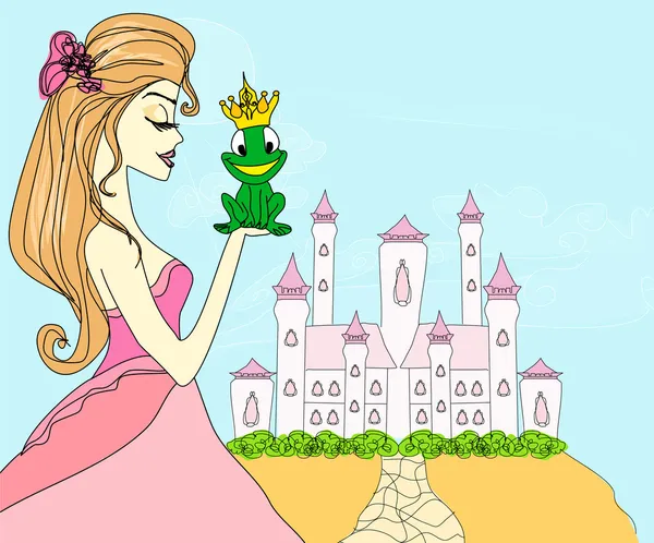 Belle jeune princesse embrassant une grosse grenouille — Image vectorielle