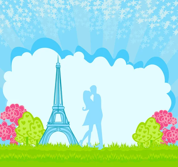 Pareja romántica en París besándose cerca de la Torre Eiffel — Vector de stock