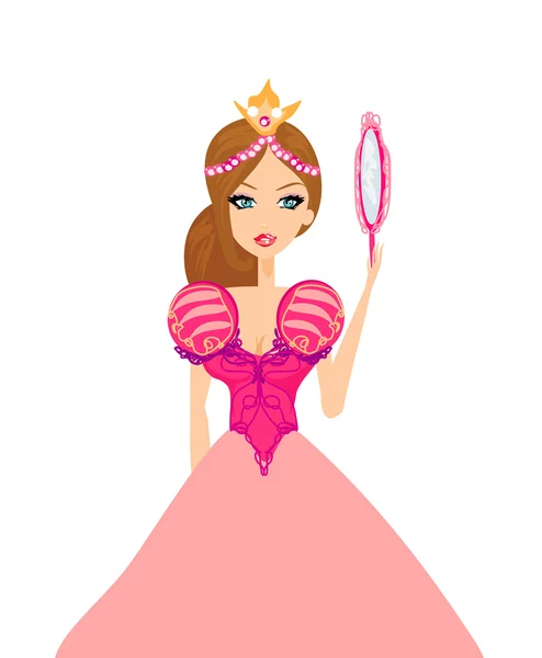 Hermosa princesa con espejo en sus manos — Vector de stock