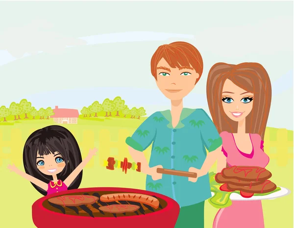A vector illustration of a family having a picnic in a park — Stock Vector