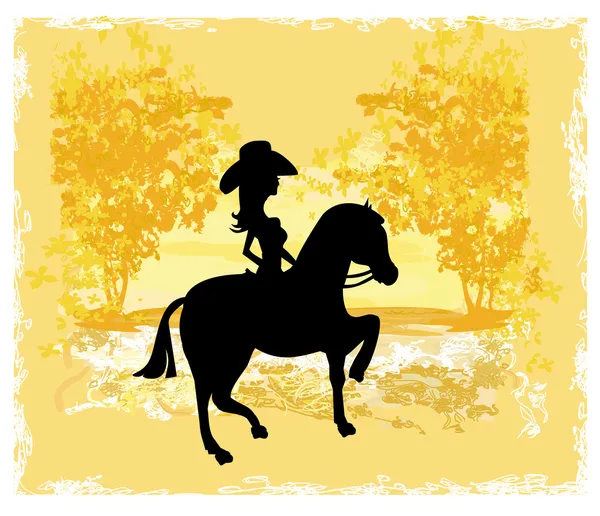 Sylwetka Cowgirl and Horse - grunge background — Wektor stockowy