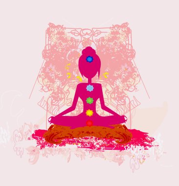 Yoga nilüfer pozu. Renkli çakra noktalı Padmasana.