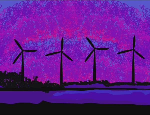 Wind turbine sunset background ecosystem for design — Stock Vector