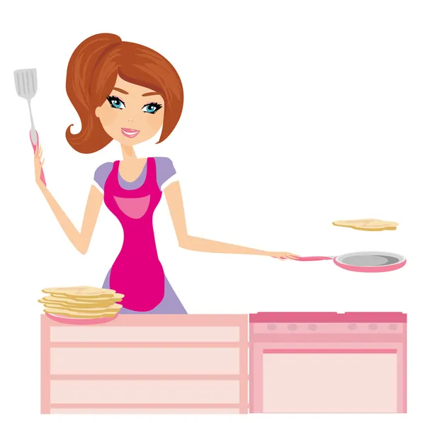 Chef girl fries pancakes on Shrovetide it is isolated on a white — Stock Vector