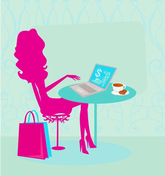 Shopping online - giovane donna sorridente seduta con computer portatile — Vettoriale Stock