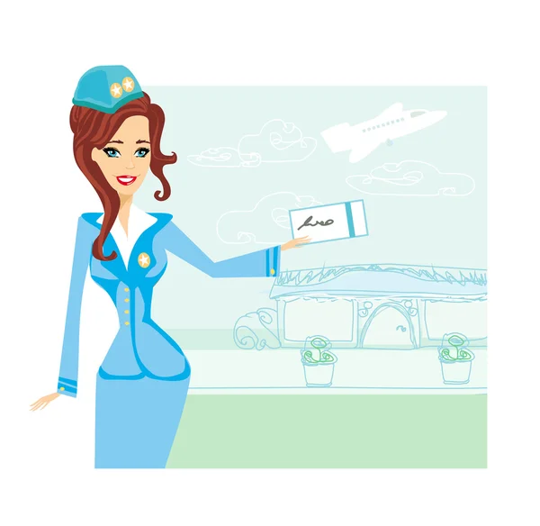 Gyönyörű stewardess jegyekkel — Stock Vector