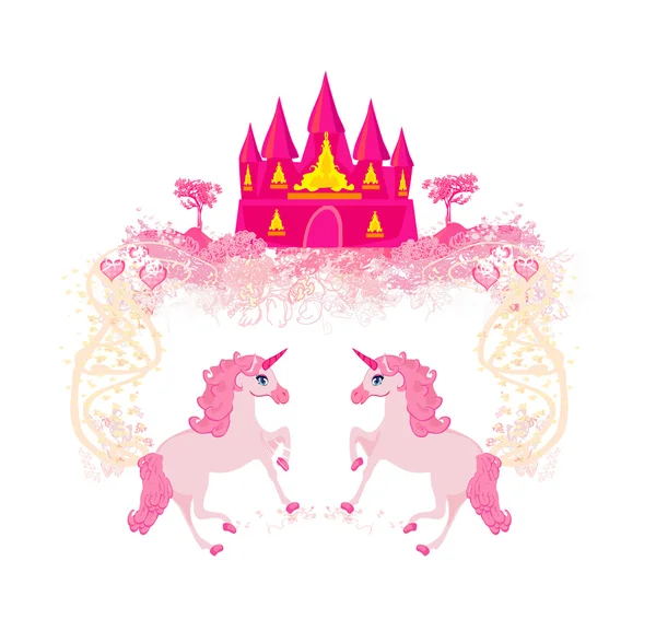 Paisagem de conto de fadas com castelo mágico rosa e unicórnios —  Vetores de Stock