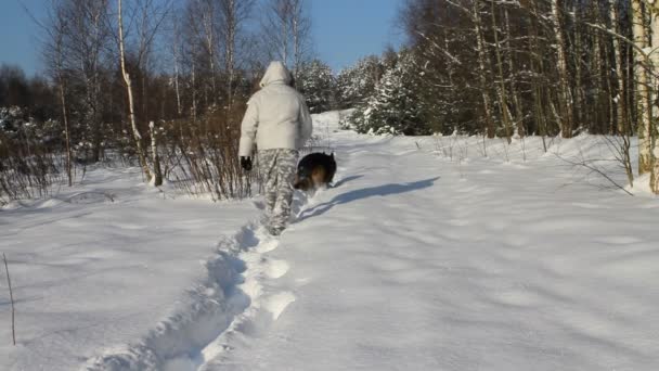 Hombre y perro caminando en la nieve — Vídeo de stock