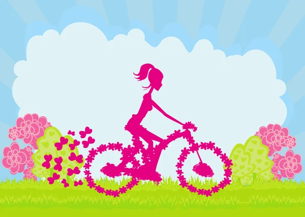 Cycling Poster with silhouette Girl — Stock Vector