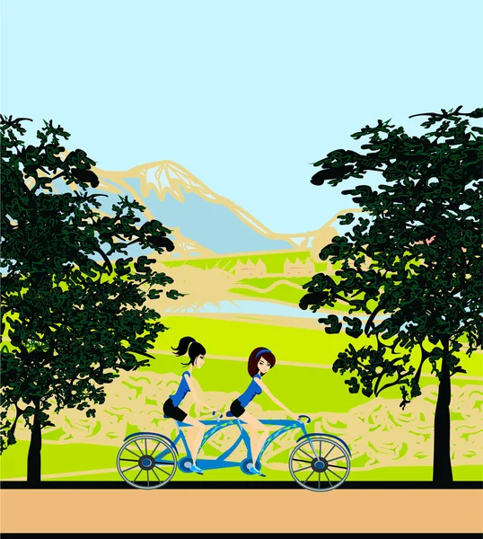 Girls riding tandem bicycle — Stock Vector