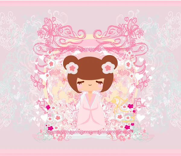 Pembe arka planda çiçekli Kokeshi bebeği.