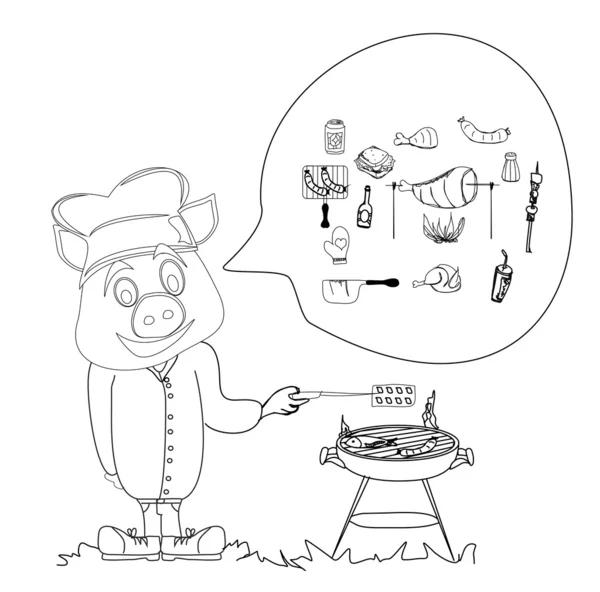 Cochon de bande dessinée ayant un barbecue. — Image vectorielle