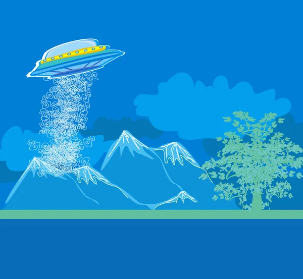 OVNI flotando sobre un paisaje — Vector de stock