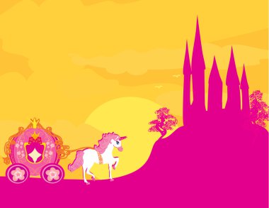 gün batımında at arabası. bir at arabası ve bir mediev silueti