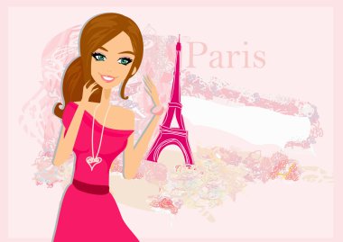 Paris 'te alışveriş yapan güzel kadınlar - vektör kartı